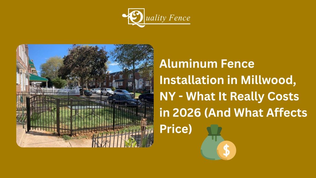 Aluminum fence installation in Millwood, NY showing black ornamental panels and gate