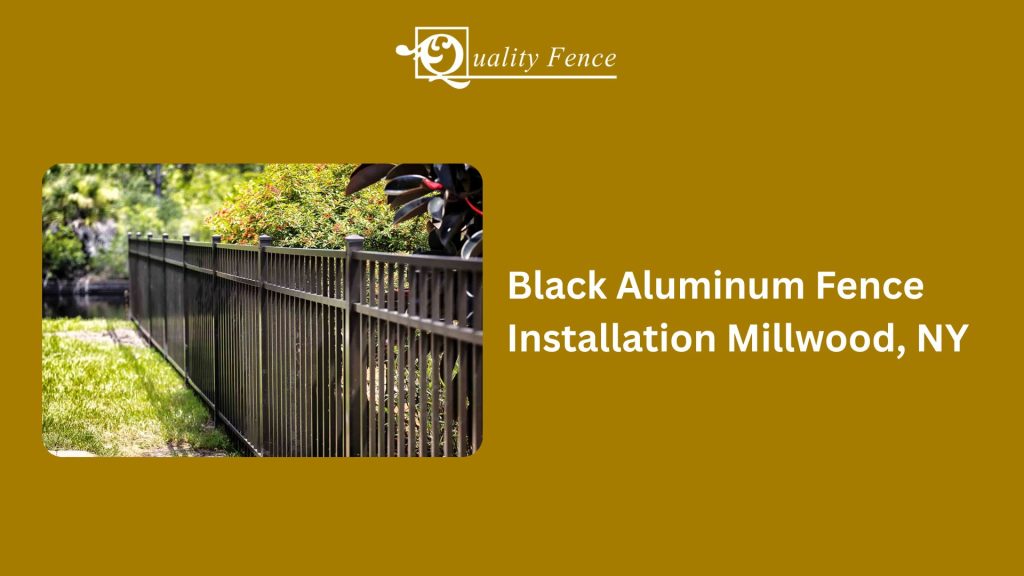 Black aluminum fence installation in Millwood, NY with modern ornamental panels and gate